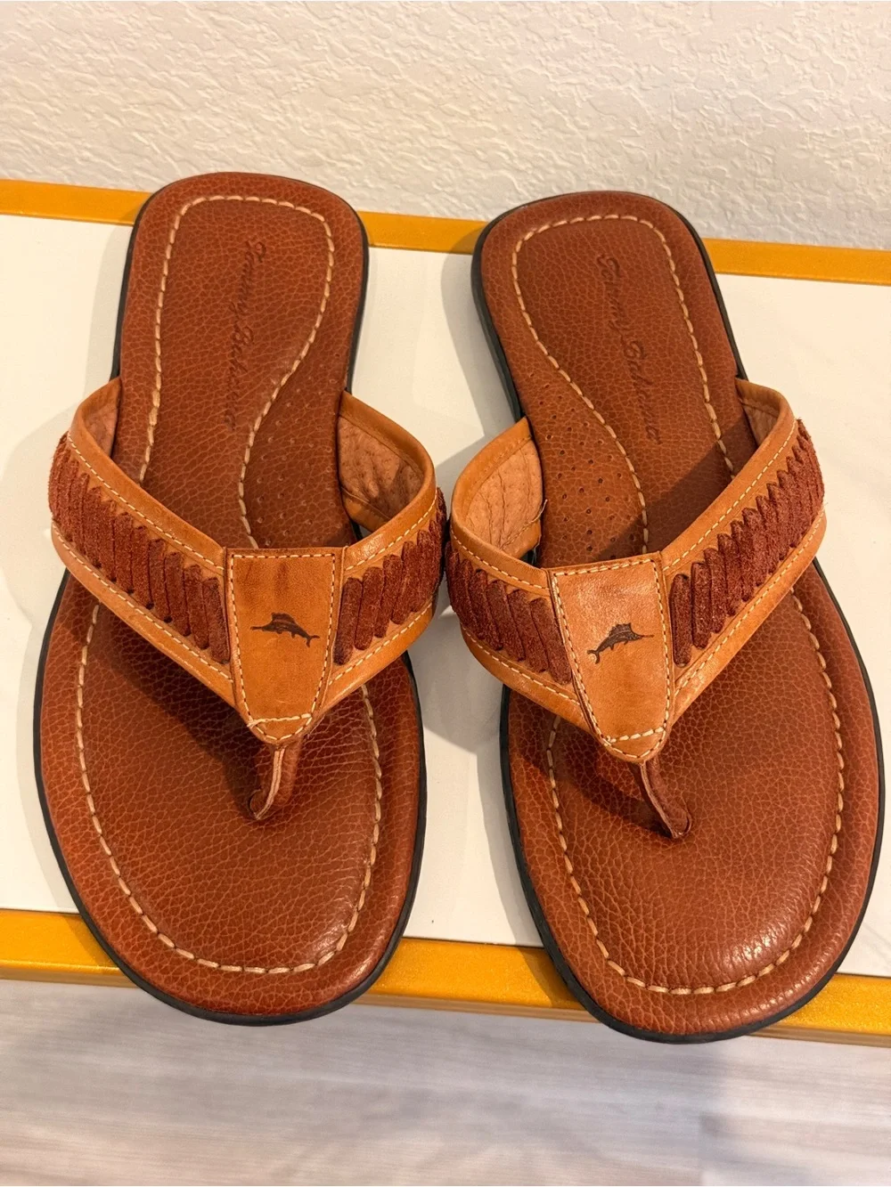 3 BUNDLE Brown Leather, Black Thong Sandals with‎ Dolphin Logo (check photos)